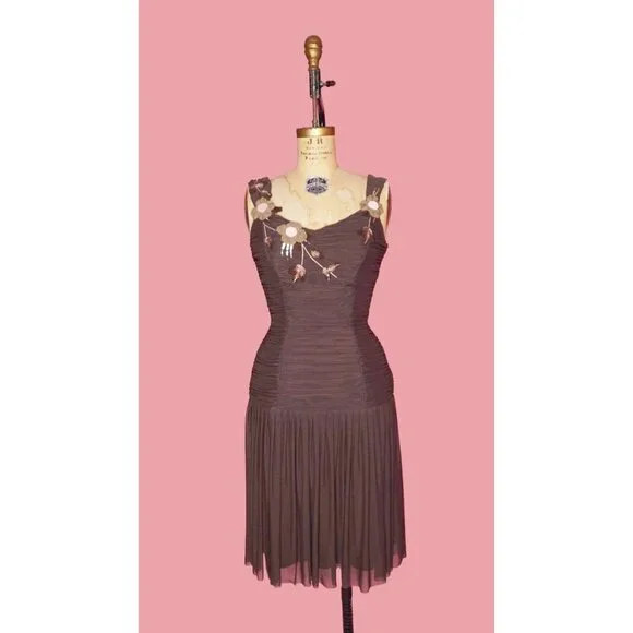 Y2K SUE WONG Chocolate Brown RUCHED Draped Floral Appliqué, Sequins, and Beads,